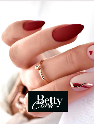 Betty Cora Heart Valentine Wave Line Red Medium Almond Press On Nails
