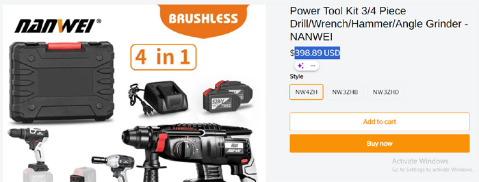 Power Tool Kit 3/4 Piece Drill/Wrench/Hammer/Angle Grinder - NANWEI